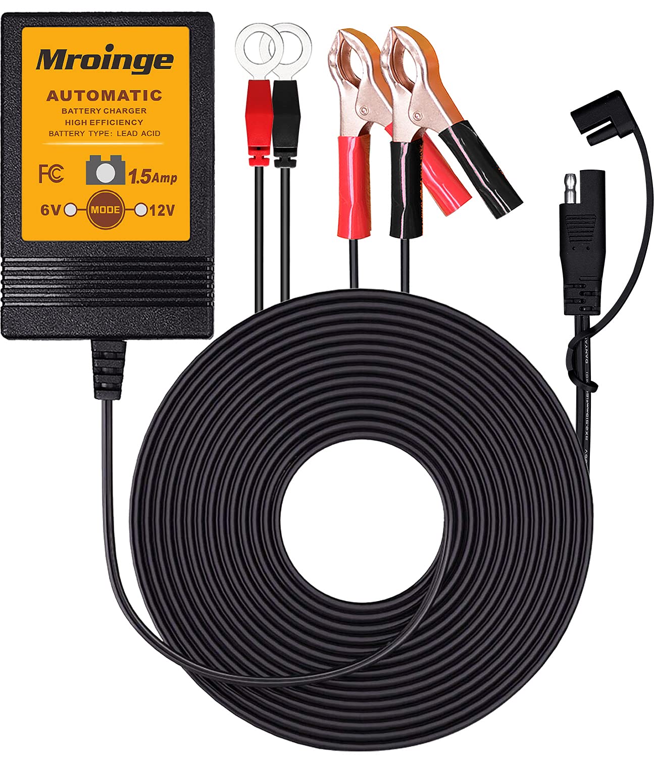 Mroinge Mbc015, 6V / 12V 1.5A Fully Automatic Trickle Battery Charger/Maintainer For Automotive Vehicle Motorcycle Lawn Mower Atv Rv Powersport Boat, Sealed Deep-Cycle Agm Gel Cell Lead Acid Batteries